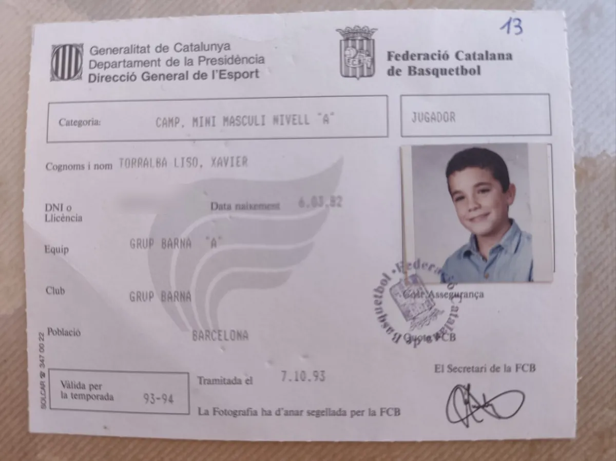 Federació Catalana de Basquetbol federation licence for Xavier Torralba Liso, Grup Barna, 1993-94 season