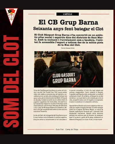 Portada del artículo «El CB Grup Barna: seixanta anys fent bategar el Clot» en la revista Guia Clot, con foto del equipo infantil delante del banner del club