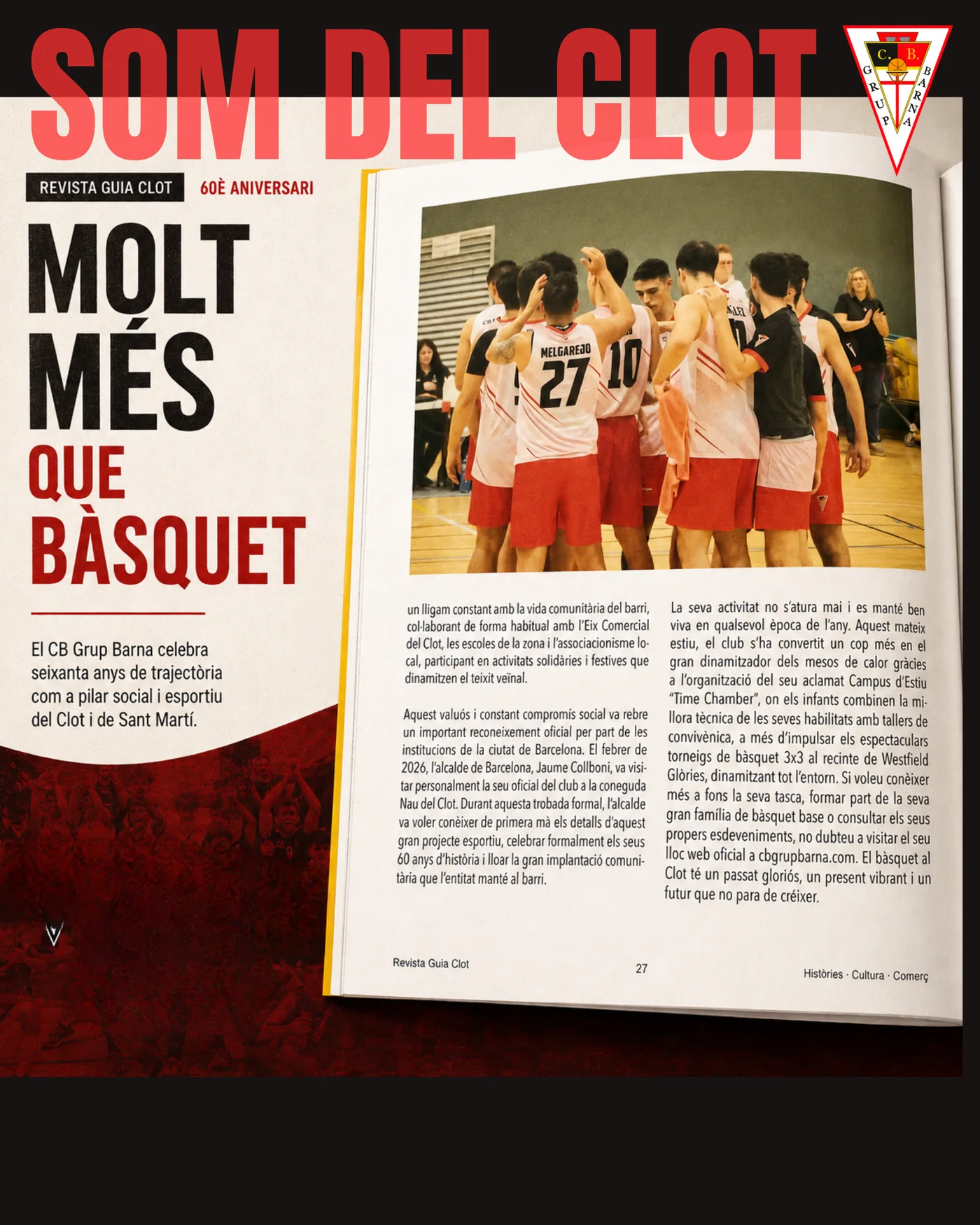 Segunda página del artículo en Guia Clot, con foto del equipo sénior masculino y el texto sobre el compromiso social del club