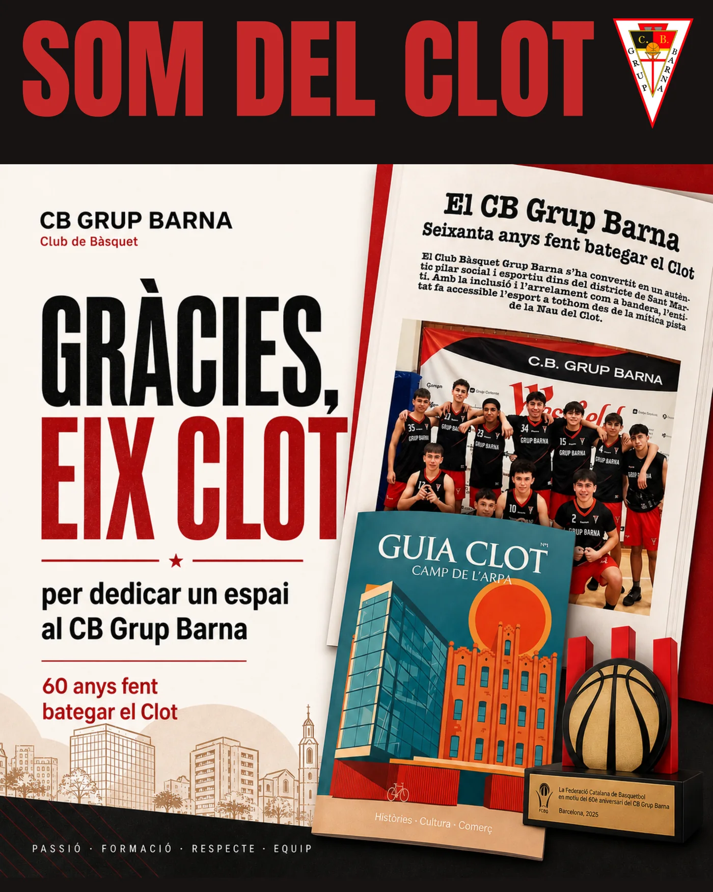 Gracias, Eix Clot: gráfica de agradecimiento del CB Grup Barna por el artículo de la revista Guia Clot por los 61 años del club
