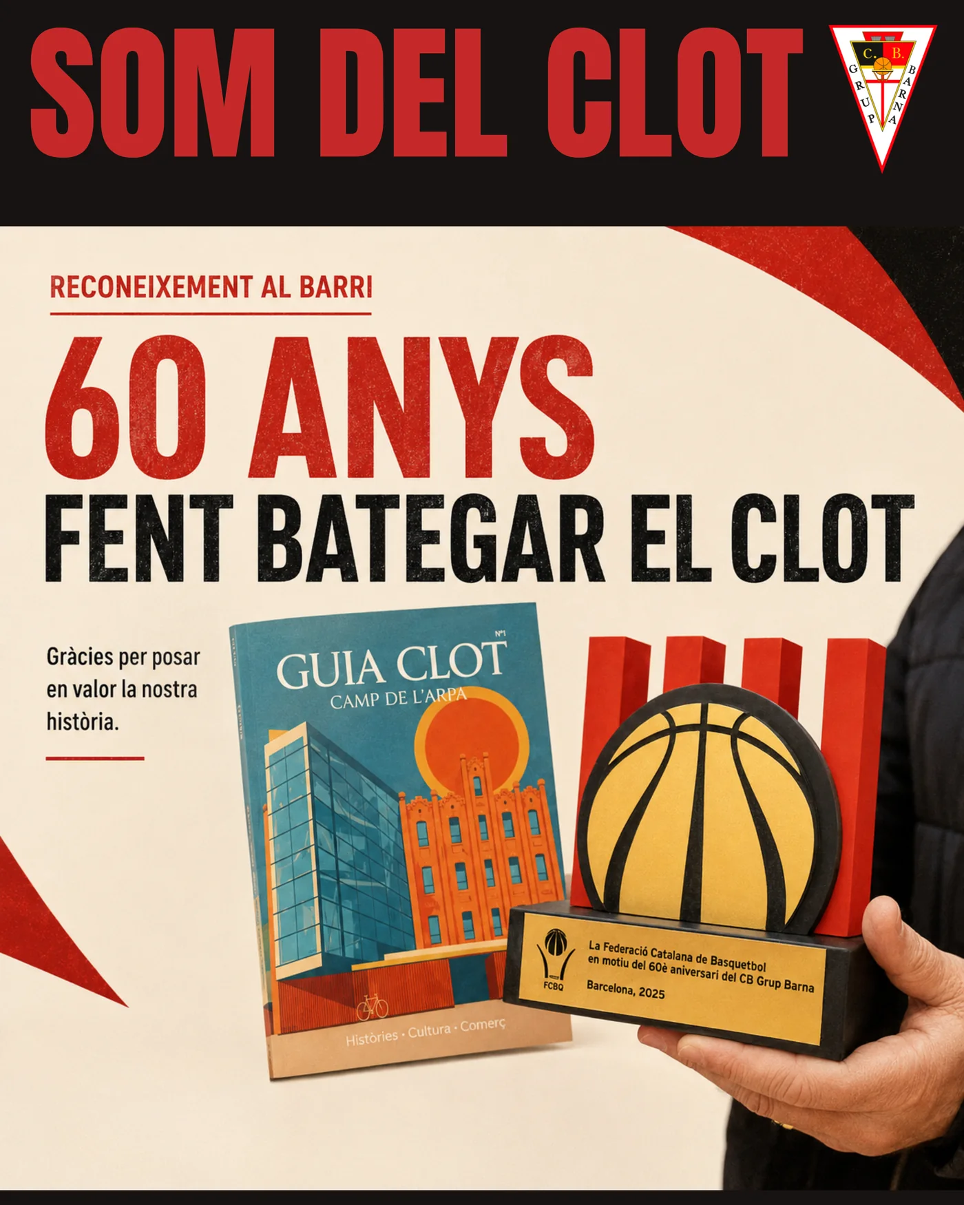 El CB Grup Barna con la revista Guia Clot y el reconocimiento de la Federación Catalana de Baloncesto por el 60º aniversario del club, Barcelona 2025