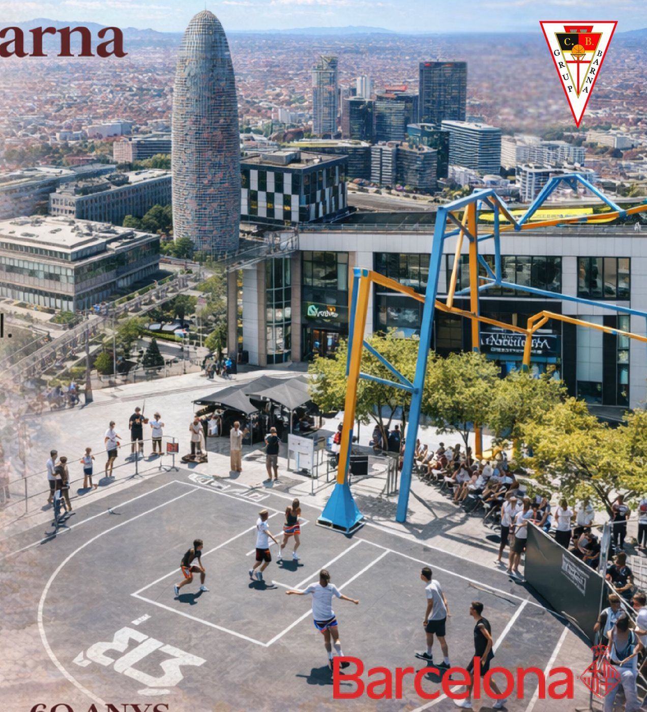 Torneig 3x3 Barna a Westfield Glòries, amb la Torre Glòries al fons